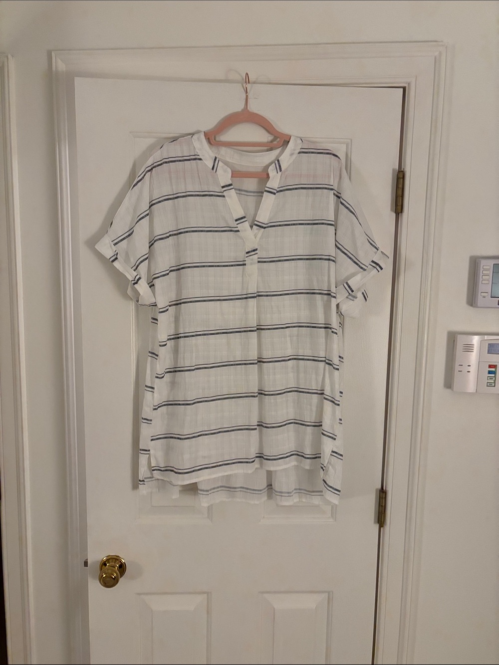 Easy Stripe Split-Neck Tunic Top - White with Navy Stripes